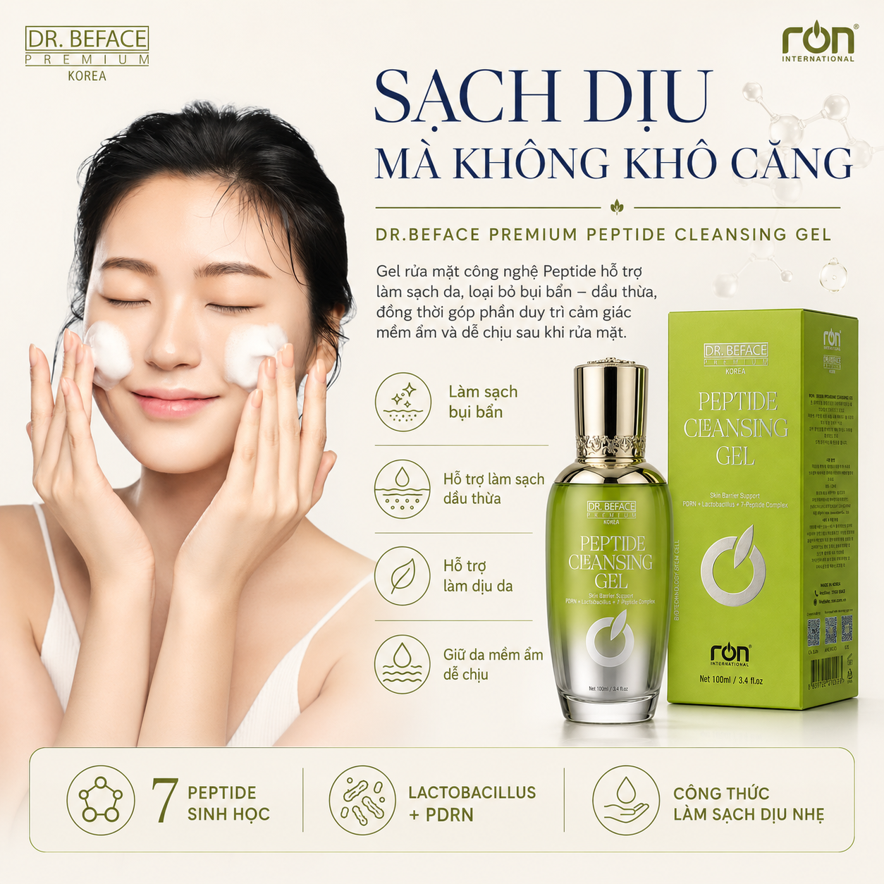 RON DR. BEFACE PREMIUM PEPTIDE CLEANSING GEL/Gel rửa mặt Peptide phục hồi da cao cấp